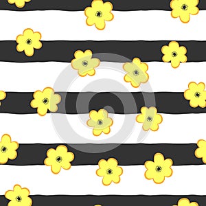 Cute flowers on striped background. Stylish seamless pattern.