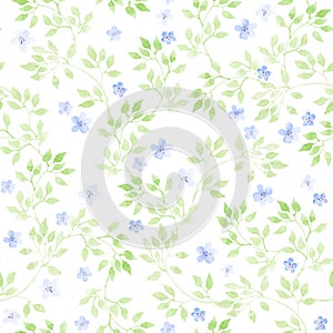 Cute flowers, wild herbs, meadow grasses. Pastel ditsy repeating pattern. Watercolour