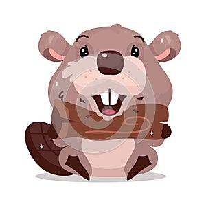 Cute fluffy beaver gnawing wood semi flat color vector character