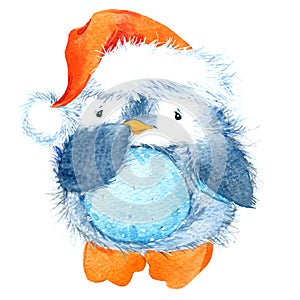 Cute fluffy bird penguin. Watercolor funny penguin.