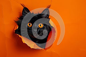 Cute fluffy black cat peeks out of a hole in the wall. Bright trendy orange background