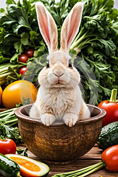 a cute and fluffy bunny with large ears sitting inside a wooden bowl surrounded by an assortment of fresh vegetables