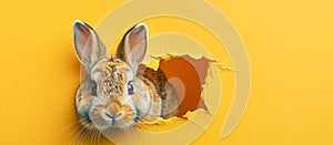 Cute fluffy bunny looking through a torn hole in yellow paper. Holiday Easter banner card with copy space