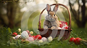 Cute fluffy bunny sitting in wicker basket, easter eggs on green grass.