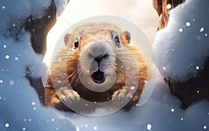 Cute fluffy cartoony groundhog comes out of a snowy burrow after hibernation, soft warm backlight. AI Generative