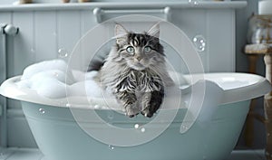 Cute fluffy cat in bathtub with foam and soap bubbles indoors