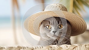 Cute fluffy cat in a hat resting on the beach