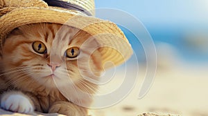 Cute fluffy cat in a hat resting on the beach