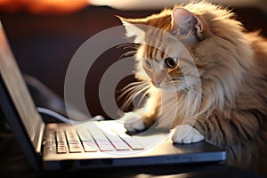 Cute fluffy cat sitting and playing with laptop computer