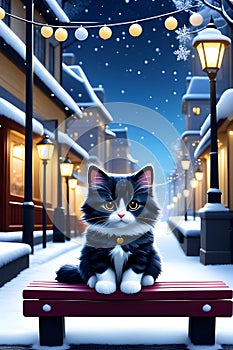 A cute and fluffy cat sittingnon a bench, in a road sideway of a big city, snowing night, cartoon, adorable, fantasy, animal