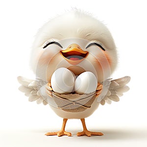 Cute fluffy chick 3D offering eggs, on a white background, funny cartoon character,