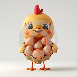 Cute fluffy chik 3D offering eggs, on a white background, funny cartoon character photo
