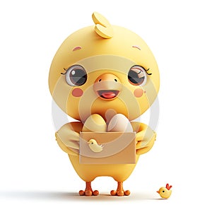 Cute fluffy chik 3D offering eggs, on a white background, funny cartoon character, for advertising poultry products photo