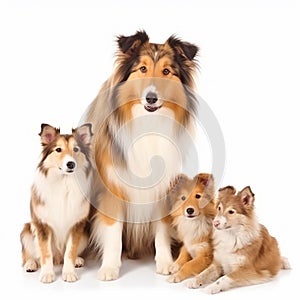 Cute fluffy collie breed dog with puppies, close-up portrait, isolated on white, good friend,