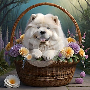 Cute fluffy cream chowchow puppy in a wicker basket
