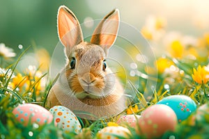 A cute fluffy Easter bunny is sitting on the lawn in the grass among the Easter eggs.