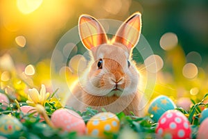 A cute fluffy Easter bunny is sitting on the lawn in the grass among the Easter eggs.