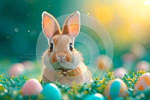 A cute fluffy Easter bunny is sitting on the lawn in the grass among the Easter eggs.