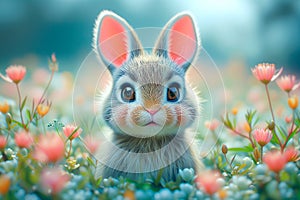 A cute fluffy Easter bunny is sitting on the meadow in the grass and flowers.