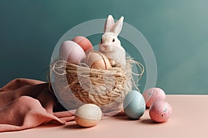 Easter bunny in basket with colored easter eggs in pastel toned. Generative AI. Space for text