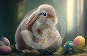 cute fluffy furry easter bunny with easter eggs and a miniature garden in a glass bowl - generative AI