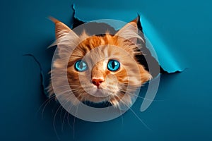 Cute fluffy ginger cat peeking through a hole in blue paper