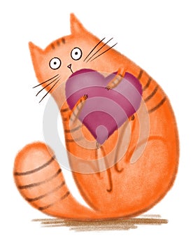 Cute fluffy ginger cat play with toy heart on white background.