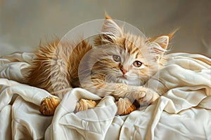 Cute Fluffy Ginger Kitten Lounging on Soft White Blanket, Adorable Pet Relaxing Indoors, Domestic Feline Animal, Young Cat Close