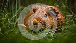 Cute fluffy guinea pig eating grass in green meadow generated by AI