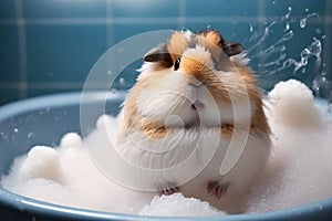 A Cute Fluffy Guinea Pig or Hamster Enjoying a Bubble Bath. Adorable Kawaii Pet with Soft Fur Relaxing in Bathtub, Taking a Bath