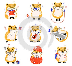 Cute fluffy hamster. Funny little rodent, cartoon happy kids character, different poses, actions and emotions, comic