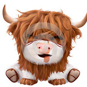 Cute fluffy happy baby Scottish highland cattle graphic photo