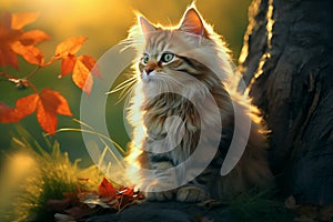 Cute fluffy kitten in autumn on lawn in park.