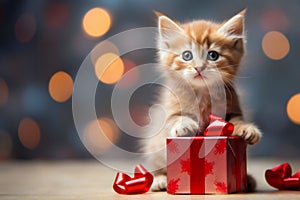 cute fluffy kitten holding gift box in paws