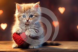 cute fluffy kitten holding heart in paws