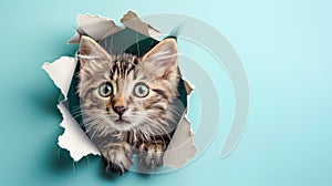 A cute fluffy kitten looking through a hole in a blue paper background.