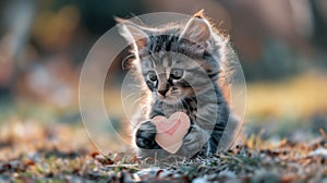Cute fluffy kitten playing with a Valentine's card on a green lawn. Valentine's card in the paws of a kitten