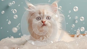 Cute fluffy kitten is washed in white foam on light blue background. Portrait of white cat in soap bubbles. Generative