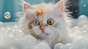 Cute fluffy kitten is washed in white foam on light blue background. Portrait of white cat in soap bubbles. Generative