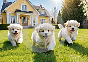 Cute fluffy little puppies running on the lawn outside a beautiful house. It's a sunny spring day.