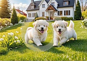 Cute fluffy little puppies running on the lawn outside a beautiful house. It's a sunny spring day.