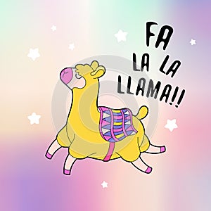 Cute fluffy llama alpaca card. Holographic back gift card. Vector illustration.