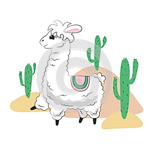 Cute fluffy llama in horsecloth surrounded by hills and cacti. Hand drawn white kawaii alpaca. Childish character