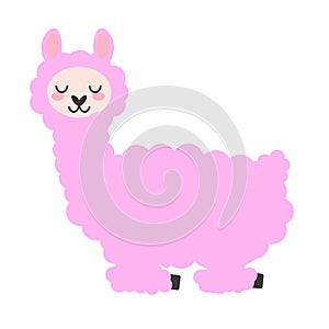 Cute fluffy llama isolated on a white background. Hand drawn alpaca flat vector illustration. Nursery decoration. Stock