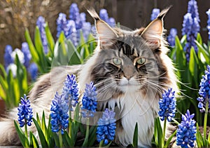 Cute fluffy Maine Coon cat happily sniffing hyacinths. Clear, sunny day. Warm spring weather. Portrait, close-up