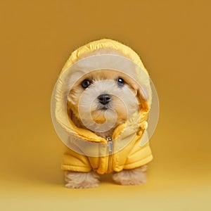 Cute fluffy maltipu puppy in yellow clothes on a yellow background. Full length front view. AI generated