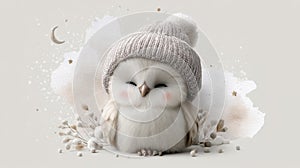 Cute fluffy owl in knitted hat surrounded by winter decorations