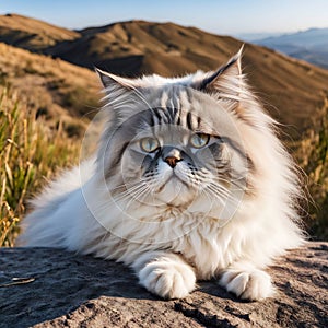 Cute fluffy Persian cat lies on a stone