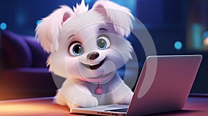 A cute fluffy puppy works at a computer laptop and orders goods via the Internet with home delivery. Cartoon fun character