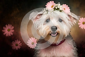 Cute fluffy puppy with a wreath of pink flowers on his head, portrait. Template for postcard, layout with copy space